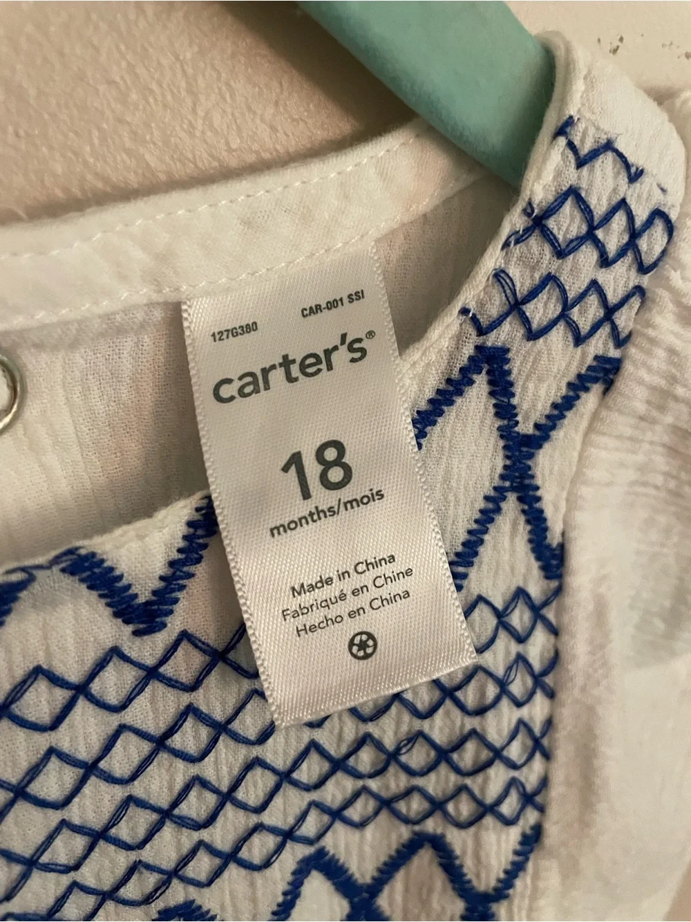 Carter's White Top with Blue Embroidered Front and Flutter Sleeves